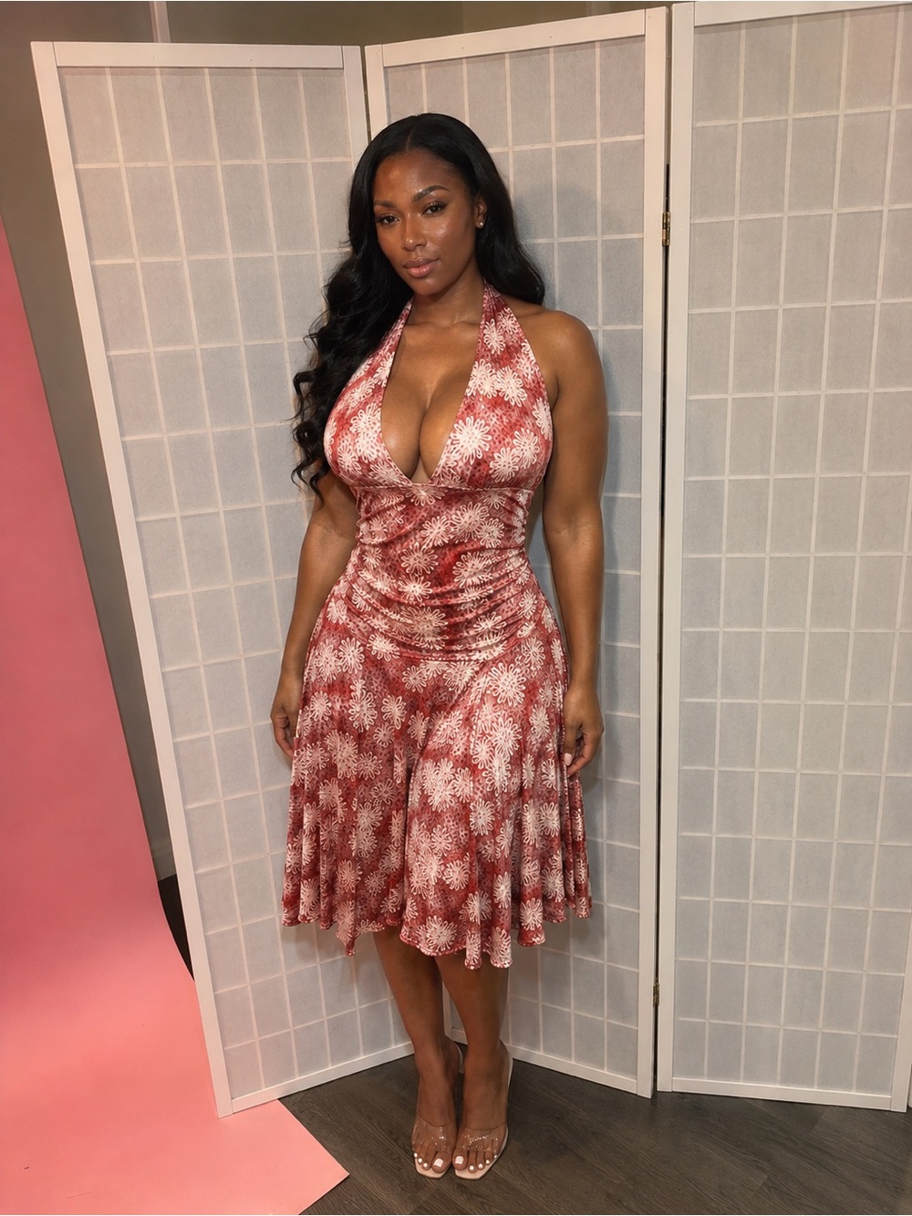 Janine Ruched Halter Midi Dress in Rust Floral
